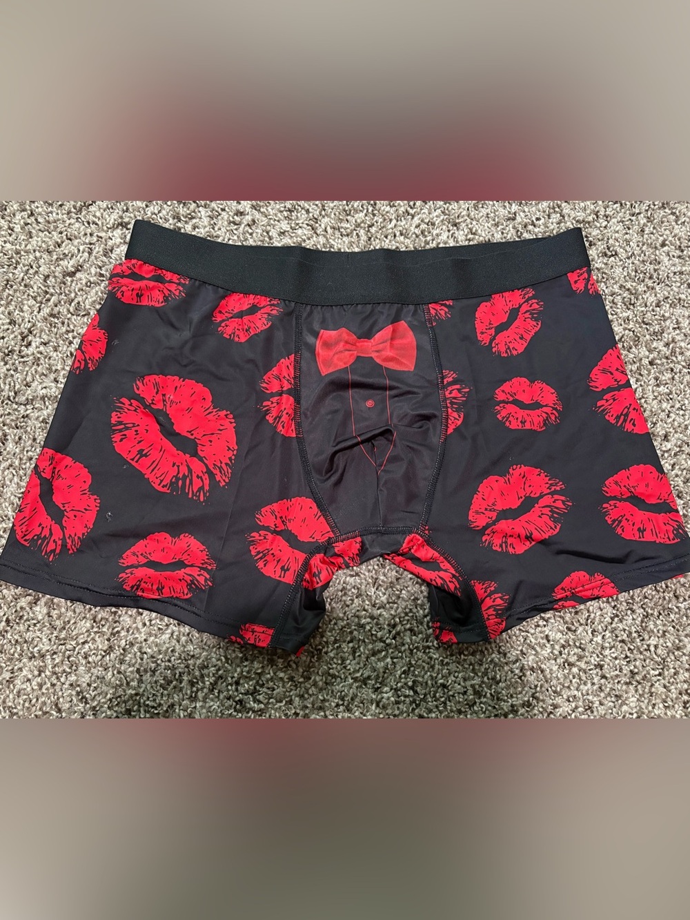 Men's Black Boxer Briefs with Red Lip Print and Bow Detail